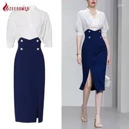 Party Dresses 2024 Summer Office Lady Elegant White Blue Hit Colour Slim Dress High Quality Short Sleeve V-Neck Vintage Waist Pencil