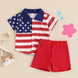 Clothing Sets Independence Day Kids Boy Outfits Star Striped Print Button Short Sleeve Tops Elastic Waist Shorts Set Summer Baby Clothes H240508