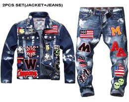 Mens Tracksuits Washed Embroidery Patch Design Jacket Jeans Sets Men039s Multibadge Skull Sets Slim Denim Cost and Badge Pants2102449