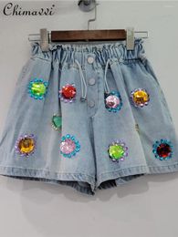 Women's Jeans European Station 2024 Summer Heavy Rhinestone Drawstring High Waist Shorts Fashion Slimming Wide-Leg Denim Short Pants Women