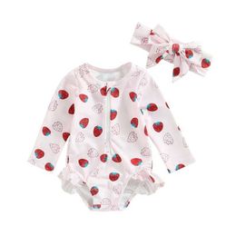One-Pieces Kids Toddler Baby Girl Swimsuit Rash Guard Long Sleeve Ruffle Strawberry Print Surfing Swimsuit Zipper 1Piece Bathing Suits H240508