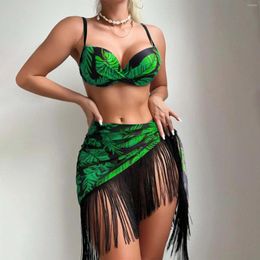 Women's Swimwear Swimsuit For Teen Girls 3 Swimsuits Tropical Print Push Up Bikini Set With Fringe Hem American Board Shorts Women