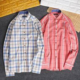 Men's Casual Shirts Cotton Long Sleeve Plaid Dress Shirt Button Down Chequered Pocketless Design Male Social