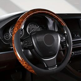 Steering Wheel Covers Non-Slip Luxury Genuine Leather Cover - Durable Sweat-Absorbing With Chic Peach Wood Grain