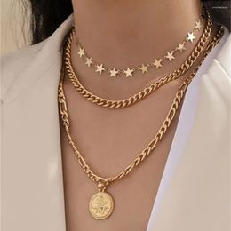 Pendant Necklaces Vintage Fashion Gold-plate Punk Star Chain Longevity China Word Coin Necklace For Women Female Multilevel Lucky Jewelry