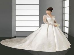 Sheer Long Sleeves Wedding Dresses Kate Middleton Bridal wedding gowns VNeck lace Appliques Satin Chapel Train ALine Wedding Dre8065751