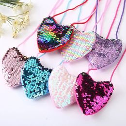 Princess Sequins Heart Shape Baby Bag Cute Solid Color Kid Coin Purse for Toddler Girl Shiny Children Shoulder HandBags 240428