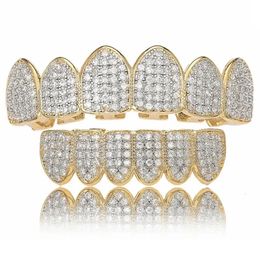 Full Zircon Teeth Holder Hiphop Jewely Teeth Grills Cap Top Bottom Set 6/6 Tooth for Men Christmas Personality Jewelry 240504