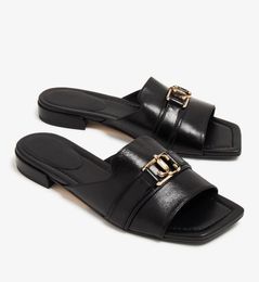 Summer 2024 Brand Nako Leather Women Sandals Shoes Mules Nappa Leather Slides Flats Open Squared Toe Gold-tone Logo Plaque Lady Daily Wear Walking