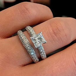 Choucong Handmade Wedding Rings Luxury Jewelry 925 Sterling Silver Fill Princess Cut White Topaz CZ Diamond Gemstones Party Women Eternity Couple Bridal Ring Set