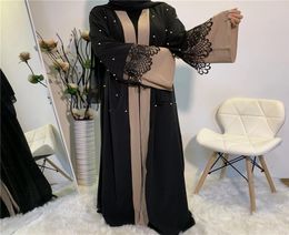Arabic Dubai Dress Abaya Kimono Hijab Muslim For Women Beading Pearl Lace Robe Marocain Kaftan Turkey Islam Clothing Open Cardigan1409099
