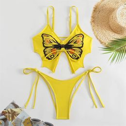 Women's Swimwear Butterfly Print Bikinis Sets Punk Swimsuit String Trends Women Two Piece Y2K Micro Thong Bathing Suit Beachwear