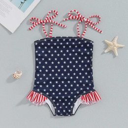 Endelar Little Girl 4: e juli Swimsuit Star Print randig fyrkantig halsbindning Spaghetti Rem baddräkt Spädbarn Småbarn Simmelkläder H240508