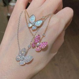 Designer Van Boutique White Fritillaria Butterfly Necklace for Women 925 Pure Silver Plated 18k Rose Gold Full Diamond Powder Collar Chain