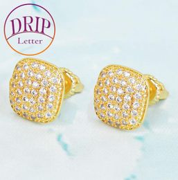 Gold Color Full Cubic Zircon 10MM Square Men Women Stud Earring Screw Back Earrings Hip Hop Jewelry For Gift7401509