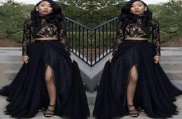 2019 New TwoPiece Evening Dresses Sexy Front Split Prom Gowns With Long Sleeve Lace Tulle Celebrity Formal Wear Black Girl Couple2951820