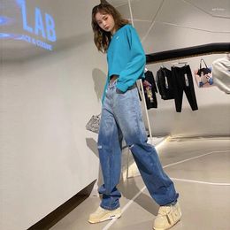 Women's Jeans 2024 Autumn And Winter Fashion Gradient Blue Personality Ripped Women's Loose Drape High Waist Thin Wide-leg Pants