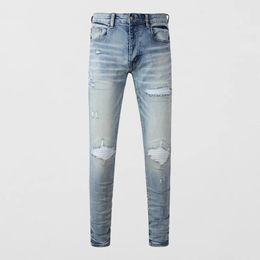 Street Fashion Men Jeans Retro Light Blue Stretch Skinny Fit Ripped Jeans Men White Leather Patched Designer Hip Hop Brand Pants 240424
