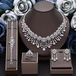 Necklace Earrings Set 2024 Full 4 Pieces Jewellery Luxury Dubai Women Wedding Party Nigeria Zirconia Flower Sets