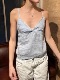 Women's Tanks Lace Trim Linen Sweet Crop Top Woman Summer Sleeveless V-neck Back Lace-up Solid Vest Simple Y2k Tank Tops 2024