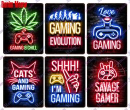 Vintage Gamer Quotes Neow Light Metal Tin Sign Gaming Time Plates Gaming Zone Decor for Playroom Living Room Art Poster5273008