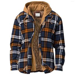 Men's Jackets Quilted Lined Button Down Plaid Shirt Add Velvet To Keep Warm Jacket With Hood