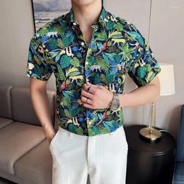 Men's Casual Shirts Floral Printed Pure Cotton Shirt Men 2024 Summer Short Sleeve Slim Business Tuxedo Blouse Social Party Streetwear