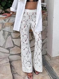 Women's Pants Lace Jacquard Flare Women High Waist Slim Flower Hollow Out Sheer White Trouser 2024 Summer Beach Holiday Casual Pant