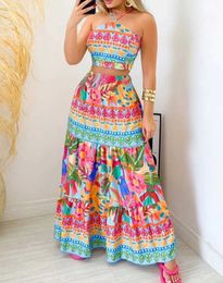 Two Piece Dress Women Fashion Suits 2024 Spring/summer Latest Leisure Play Vintage Tropical Print Halter Slveless Top vacation Maxi Skirt Set Y240508