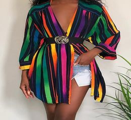 Womens Designer Shirt Dresses Fashion Rainbow Colors Striped Printed Summer Dress Long Sleeve Plus Size Women Clothing 2020 new1160074