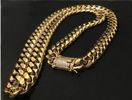 12mm14mm Mens Cuban Miami Link Necklace Chains Stainless Steel CZ Clasp Iced Out Gold Hip hop Chain Necklace and Bracelets Hiphop4059630