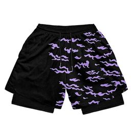 Men's Shorts Mens 2 in 1 Running Shorts Male Workout Anime Shorts Training Gym Sportswear Pants Sport Short Pants with Pockets T240507