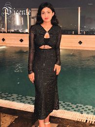 Casual Dresses VC Long For Women Sexy Hollow Out Sleeves Patchwork Diamond Black Evening Party Celebrity Gowns 2024 Spring