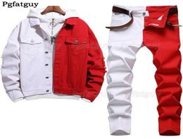 Men039s Tracksuits Stitching Colour Sets Half Red And White Autumn Denim Jacket Slim Stretch Jeans Twopieceset Conjuntos De 4146708