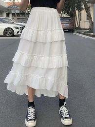 Skirts Korean Women's Fashion High Waist Asymmetric Solid Colour Pleated Skirt Sweet Lady Summer Casual Versatile Spliced Half