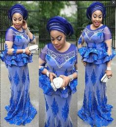 African Plus Size Evening Dresses Mermaid Royal Blue Jewel Peplum Beads Long Sleeves Prom Dress Long Aso Ebi Women Formal Party Go9903043