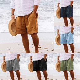 Men's Shorts 2024 Men summer cotton linen shorts draw rope elastic waist straight leg solid Colour breathable beach five casual medium pants Y240507