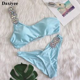 Women's Swimwear Shiny Rhinestones Bikinis Sexy One Shoulder Cut Out Swimsuit Crystal Diamond Patchwork Bathing Suit 2024 Push Up Women