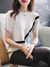 Women's T Shirts Summer Contrast Stripe Short Sleeved T-shirt Garden Neck Knitwear Top 5508