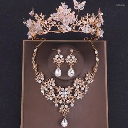 Hair Clips Luxury Crystal Crown Necklace Earring Set Rhinestone Butterfly Bridal Jewellery Wedding Accessories