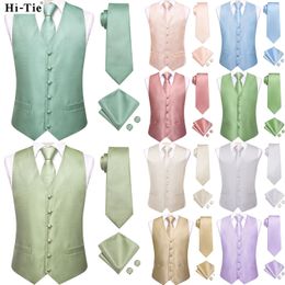 HiTie Solid Silk Mens Suit Vests 4PC Woven Sage Green Waistcoat Tie Pocket Square Cufflinks Business Wedding Dress Waist Jacket 240507