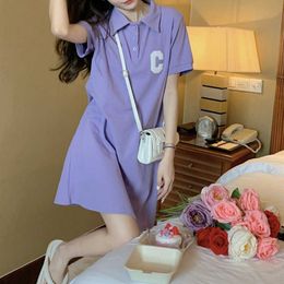 Polo neck short sleeved dress for womens summer 2023 new college style purple slim fitting design A-line skirt