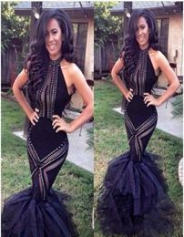 Black Halter Bodice Mermaid Prom Dresses Trumpet Organza Formal Evening Gowns with Ruffles Beading Backless Celebrity Vestidos4235571