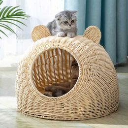 Cat Beds Furniture Rattan 4-Season Cat BedCool Nest For SummerSemi-Enclosed Pet KennelTent For Small DogsCozy Cat Cave BedWashable Breathable d240508