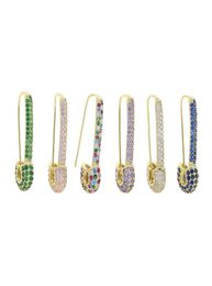 Whole Rainbow Colorful Wedding Earring Paved White Pink Green Blue Cz Unique Paperclip Safety Pin Stud Earings Women Fashion J4401488