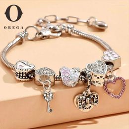 Charm Bracelets Obega Chic Heart Flower Key Pendant Bracelet For Woman With Full Dazzling Rhinestone Ins Korean DIY Jewellery Girl Gift