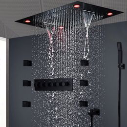 Modern Matt Black Shower Set Concealed Ceiling Massage Large Rain Waterfall Shower Panel Head Thermostatic High Flow Shower 240q