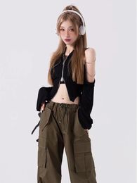 Deeptown Y2k Kpop Black Crop Tops Women Korean Fashion Streetwear Zipper T Shirts Off Shoulder Tees Aesthetic Grunge Cardigans 240422