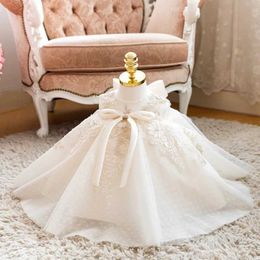 Christening dresses Korean Baby Girl Baptist Dress Childrens Beaded Bow Lace sheer Christmas First Birthday Boutique Vestido Q240507