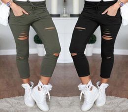 New Skinny Jeans Women Denim Pants Holes Destroyed Knee Pencil Pants Casual Trousers Black White Stretch Ripped Jeans9378614